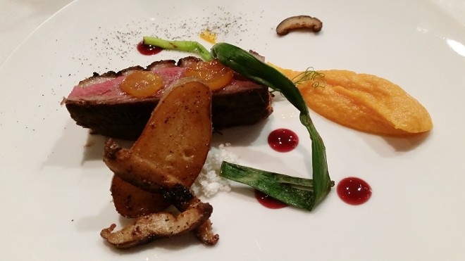 16. 48-hour sous-vide duck breast, A5 Miyazaki wagyu beef powder, carrot puree, fingerling potatoes and shiitake cooked in duck fat, wil berry compote, candied qumquat