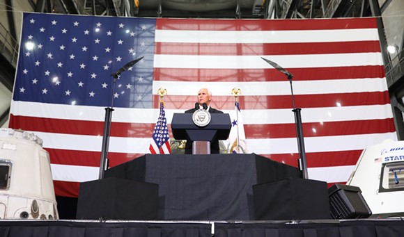 Vice President Mike Pence delivers remarks to a crowd of NASA engineers inside the Vehicle Assembly Building in Cape Canaveral, FLA on Thursday, July 6th. - JOEY ROULETTE FOR ORLANDO WEEKLY