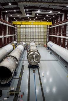 Landed SpaceX rockets lie in hanger 39A, Cape Canaveral, Florida.