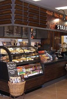 Photo of a prototype reclaimed-wood Starbucks kiosk from Starbucks' "My Idea" blog.