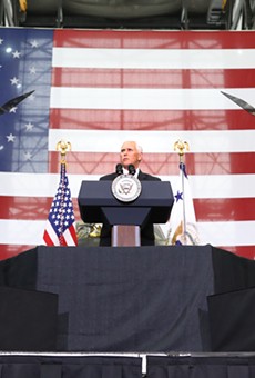 Vice President Mike Pence delivers remarks to a crowd of NASA engineers inside the Vehicle Assembly Building in Cape Canaveral, FLA on Thursday, July 6th.