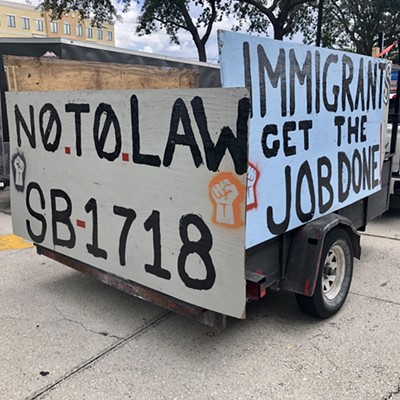 A tractor trailer is painted in protest of a Florida immigration law targeting undocumented immigrants, in solidarity with a statewide demonstration.