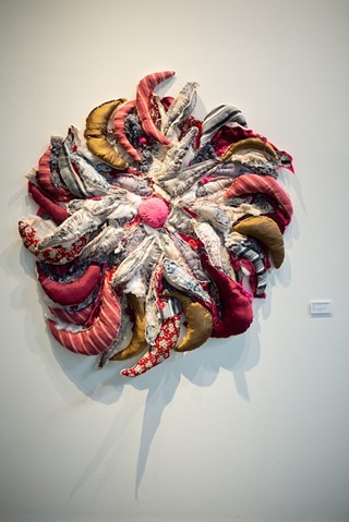 Elsa María Meléndez (Puerto Rican, b. 1974) Es una trampa (It’s a Trap), 2019, From the series Sprout Again, Silkscreen printed on filled textiles, embroidery and synthetic padding, 48” diameter