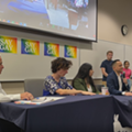 State Rep. Carlos Guillermo Smith (far right at table) speaks against the "Don't Say Gay" bill along with other representatives, LGBTQ+ activists and students at a panel discussion on Wednesday.