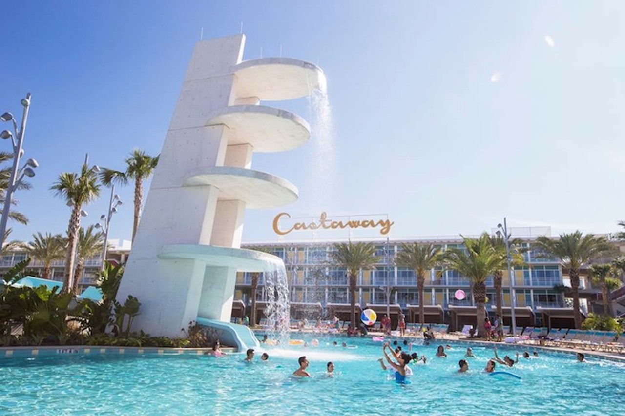 Universal&#146;s Cabana Bay Beach Resort
6550 Adventure Way, 407-503-4000
Cabana Bay has two tricked-out pools guests can dive into. At the Cabana Courtyard, make a splash with your entrance from the dive tower waterslide or grab a frozen margarita from the Atomic Tonic poolside bar. The Lazy River Courtyard features a pool with a sandy beach, plus, you guessed it, a lazy river with waterfalls and water canons. The Cabana pool opens at 8 a.m. and closes at 10 p.m., while the Lazy River pool opens at 8 a.m. and closes at 11 p.m. Registered guests are the only ones allowed to use the pool, but if you have a friend visiting or staying overnight, they can join you for the day.
Photo via Universal&#146;s Cabana Bay Beach Resort/Facebook