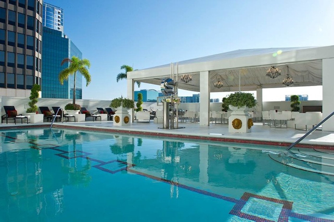 Grand Bohemian Hotel
325 S Orange Ave., 407-313-9000
The heated outdoor pool and whirlpool might be a little on the small side at the Grand Bohemian, but nothing can beat the views &#151; from its prime rooftop locale, you can soak up not only plenty of sunlight, but also plenty of views from across Downtown Orlando. The pool is open from 6 a.m. to 11 p.m. The hotel has a package you can purchase to use the gym and the pool, but typically you have to be a guest or a visitor of a guest. 
Photo via Grand Bohemian Hotel Orlando/Facebook